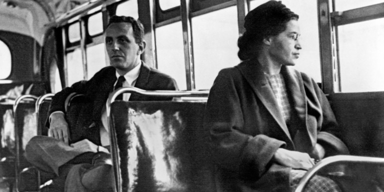 Rosa Parks seated toward the front of the bus, Montgomery, Alabama, 1956. (Photo by Underwood Archives/Getty Images)